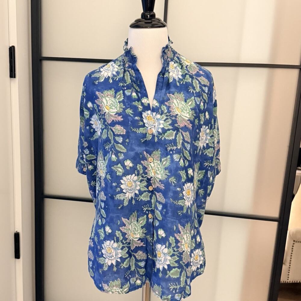 ERICA WILSON NEEDLE WORKS Nantucket Cotton Blouse XS Block Print Floral Blue